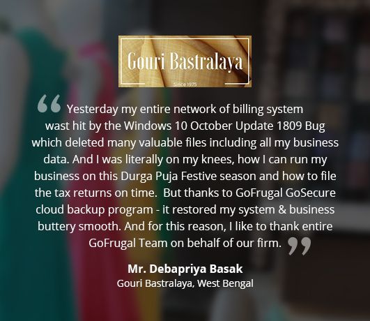 Thanks to GOFRUGAL GoSecure cloud backup program - it restored my system & business buttery smooth - Gouri Bastralaya