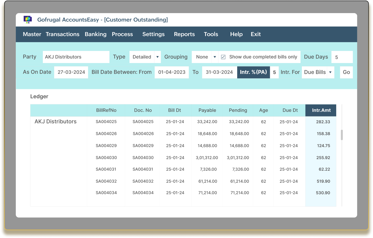 Interest calculation for late payments in credit management software for distributors