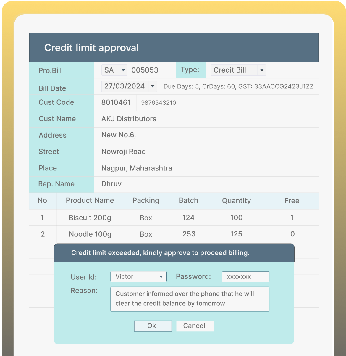 Credit limit approval mechanism in credit management software for distributors