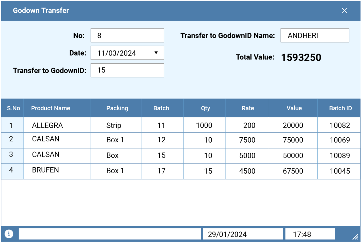 Godown transfer in a warehouse distributor management system