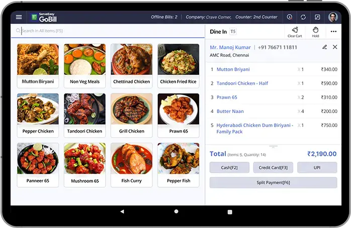 Image shows the screen of GoBill - Cloud based restaurant POS which helps in super fast billing