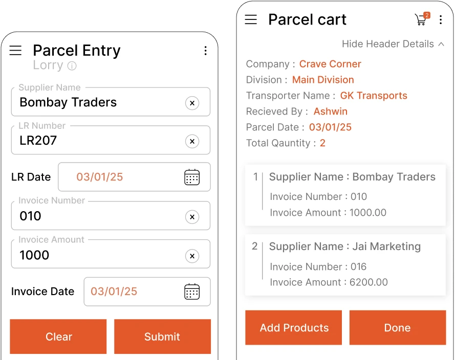 Parcel entry for simplified receiving in purchase management software