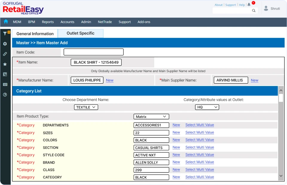 Master data of apparel chain management software