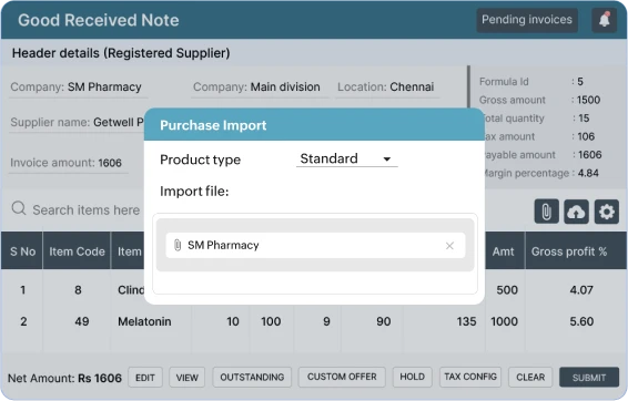 pharma erp software imports items directly from your supplier's software