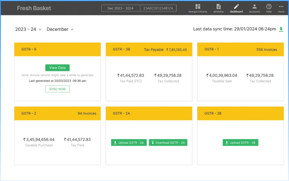 Easy tax filing, e-invoicing, e-way bill generation, ledger and voucher creation with integrated accounting